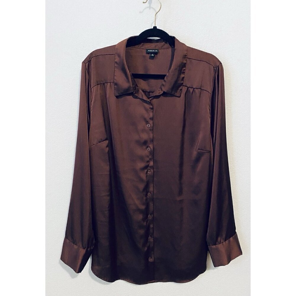 Torrid Top Womens 3X Maroon Madison Satin Button Up Long Sleeve Boho Flirty